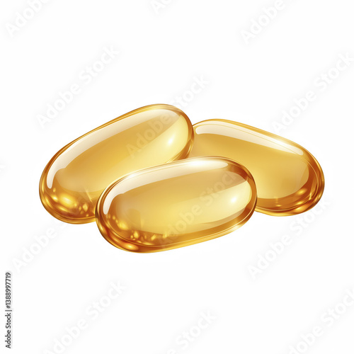 Realistic illustration of three golden soft gel capsules with glossy surface isolated on transparent background.