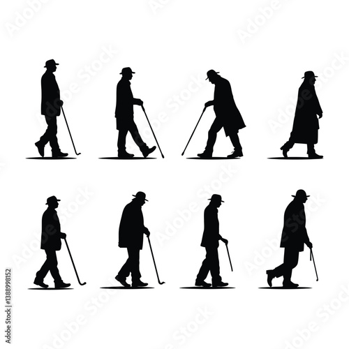 Old man walking and relying on a cane black color silhouette set