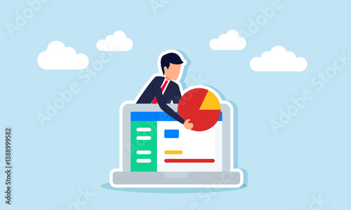 Businessman taking a pie chart from a monitor layer behind a laptop screen, illustration of organizing business performance reports
