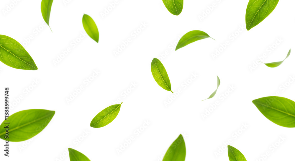 Naklejka premium 白背景に舞う緑の葉とコピースペースがあるナチュラルな背景
