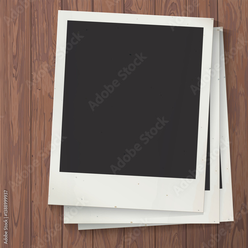 Blank old instant photograph vertical frames superimposed on cut timber panels mocha mousse tone square background graphic illustration.