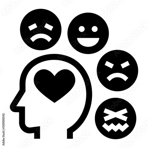 Emotion regulation solid icon - Human head with heart and emoji symbols