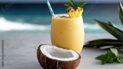 Refreshing Drink with Straw and Green Leaf Capturing Vibrant Summer Vibe