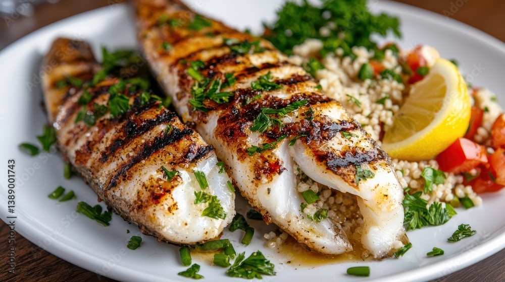 Delicious Culinary Presentation of Grilled Fish and Fluffy Rice Dish Delicious Culinary Presentation of Grilled Fish and Fluffy Rice Dish