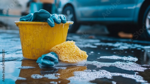 Bucket filled with soapy water, sponge, and gloves on a concrete driveway next to a partially cleaned car.