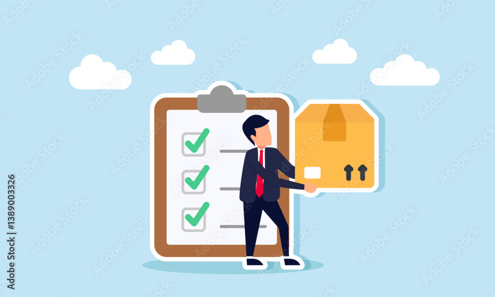 Businessman carrying a package box standing in front of a checklist board, illustration of a list of delivered packages Businessman carrying a package box standing in front of a checklist board, illustration of a list of delivered packages
