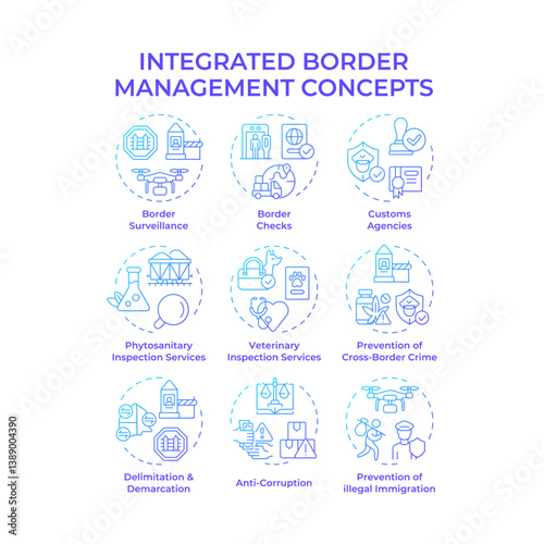 Integrated border management blue gradient concept icons. Security authorities cooperation. National service. Icon pack. Vector images. Round shape illustrations for brochure. Abstract idea