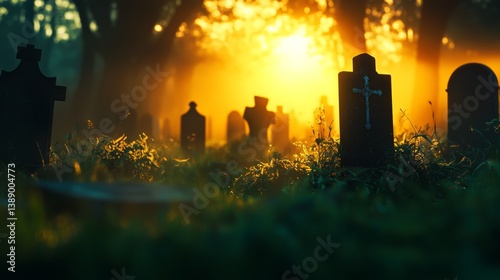 Ancient graveyard at dusk, with broken tombstones and swirling mist, spectral figures emerging, dark gothic style, soft lighting, watercolor effect