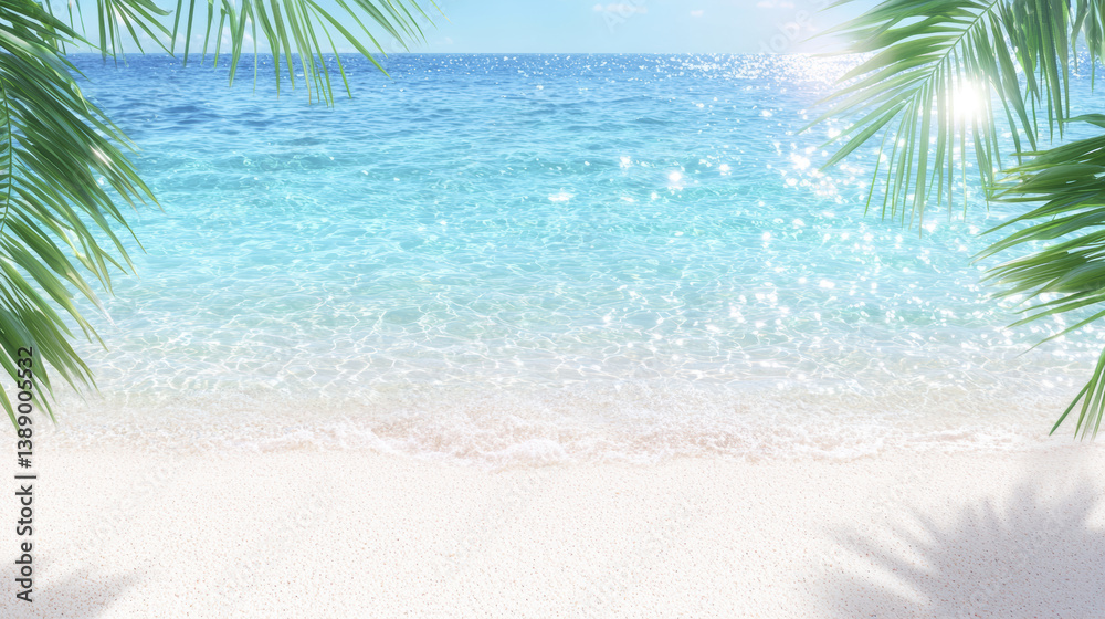 Fototapeta premium serene beach scene with clear turquoise water and gentle waves, framed by palm leaves