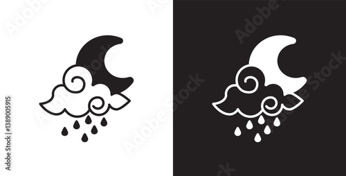 Rain cloud and crescent moon icon. Flat icon of moon and watery clouds depicting nighttime rainy weather.  Cloud vector illustration icon in transparent and black background.