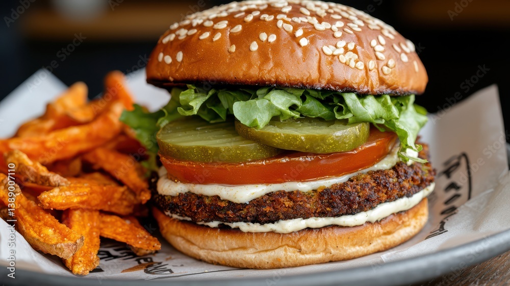 Delicious Hamburger with Lettuce and Side of Sweet Potato Chips Served Delicious Hamburger with Lettuce and Side of Sweet Potato Chips Served