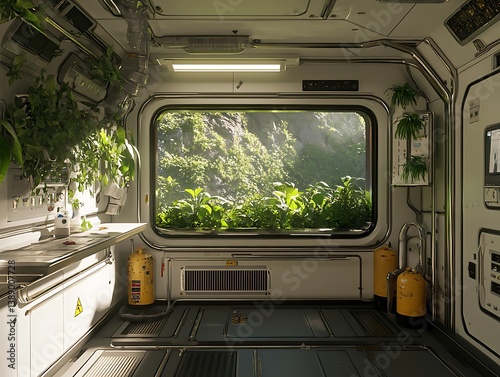 Interior of a futuristic space station cabin, plants growing inside, a lush forest viewed outside, for conceptual use
