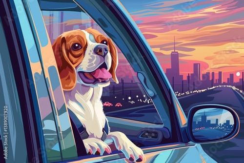 A cheerful dog riding in a car with the window down, set against a colorful city sunset. Pet lifestyle, editorial or travel campaigns, great for ads, storytelling, social media, lifestyle bloggers
