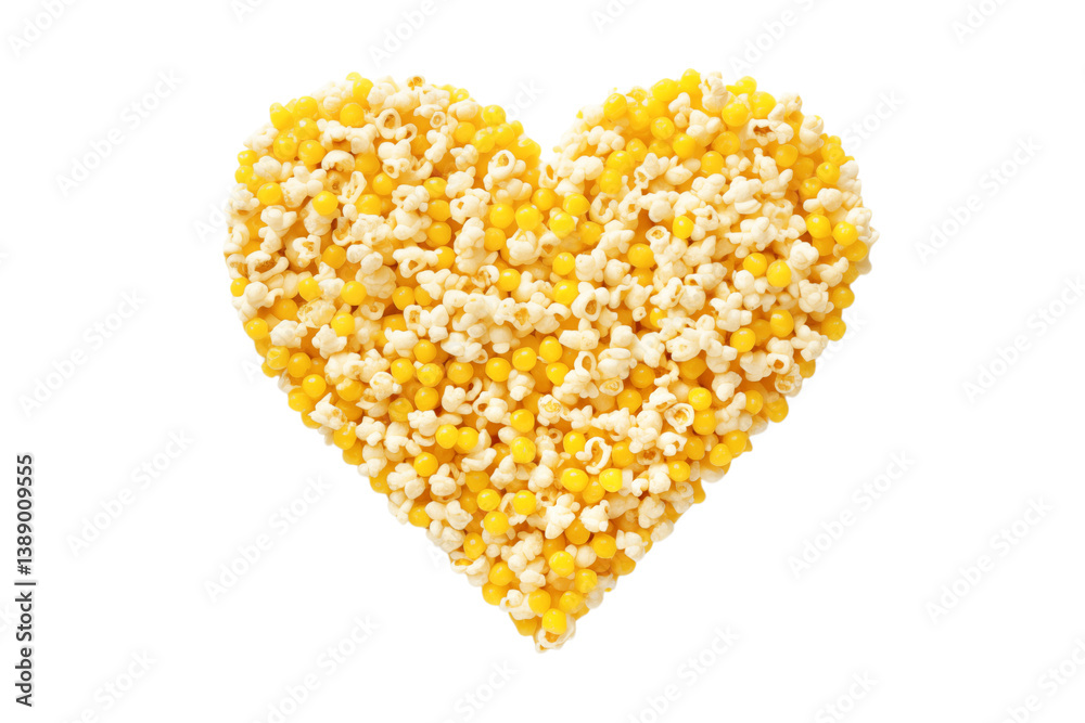 Heart shape made of yellow corn kernels and popcorn on a in a studio shot on transparent background Heart shape made of yellow corn kernels and popcorn on a in a studio shot on transparent background