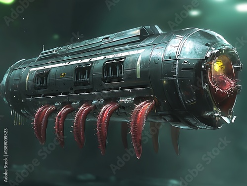 A cybernetic creature swims through space, with organic appendages, ready for action. Use Sci-fi or concept art