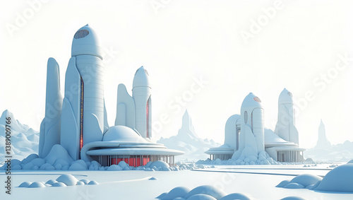 Flat Present an elegant wallpaper design capturing future space habitats with extensive negative space and refined digital imagery that denote advanced sustainable technology innovative habitat integr