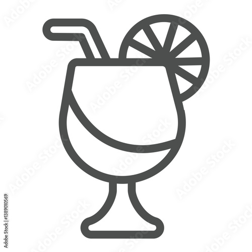 Glass cup with orange fruit and straw line icon, tropical voyage concept. Vector graphics. Tropical drink, cocktail sign on white background, outline style icon for mobile or web design.