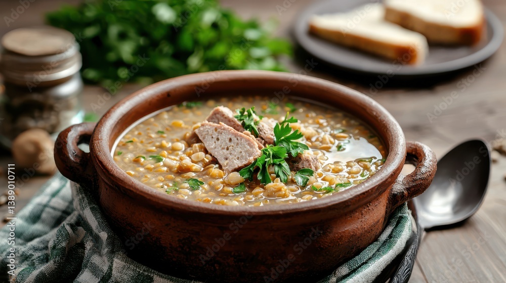 Warm Delicious Bowl of Soup with Fresh Bread and Spoon on Wooden Table Warm Delicious Bowl of Soup with Fresh Bread and Spoon on Wooden Table