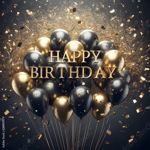 Elegant Happy Birthday Celebration with Gold and Black Balloons and Glitter Confetti on a Dark Background, Perfect for Festive Greetings and Party Invitations