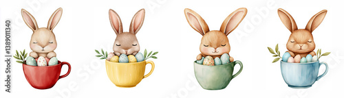 Watercolor clipart of cute bunnies sitting inside a teacup with Easter eggs isolated on a white background. Illustration suits for posters, banners, publications, prints, and icons.