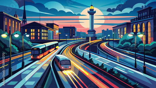 Germany, Baden-Wurttemberg, Stuttgart, Vehicle light trails along Bundesstrasse 14 at dusk