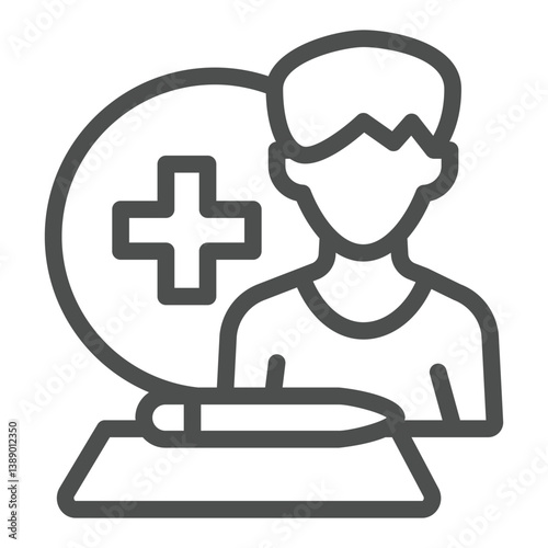 Young man and document with pen line icon, healthcare concept. Vector graphics. Medical insurance paper, policy sign on white background, outline style icon for mobile or web design.