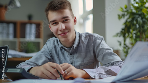 Smiling Teenager Studying: Focused Young Man at Desk, Academic Success