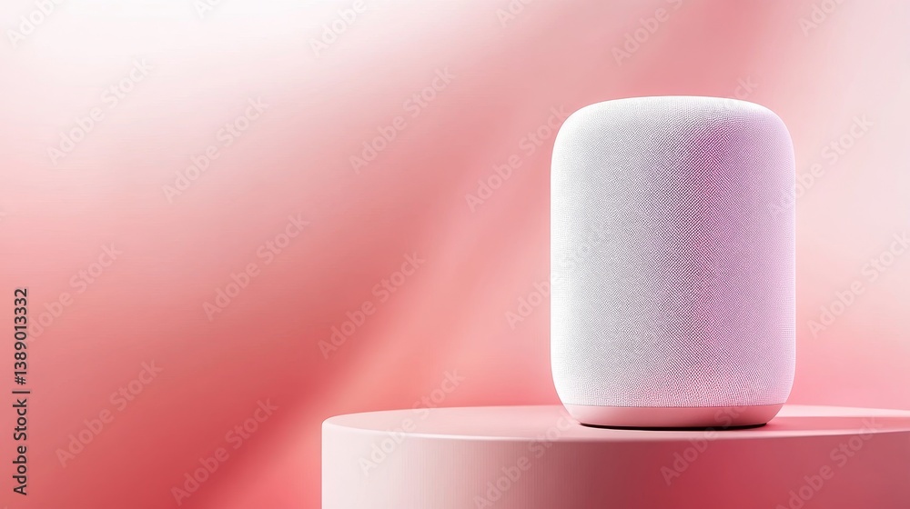 Modern smart speaker on a minimalist pedestal with a soft pink gradient background Modern smart speaker on a minimalist pedestal with a soft pink gradient background