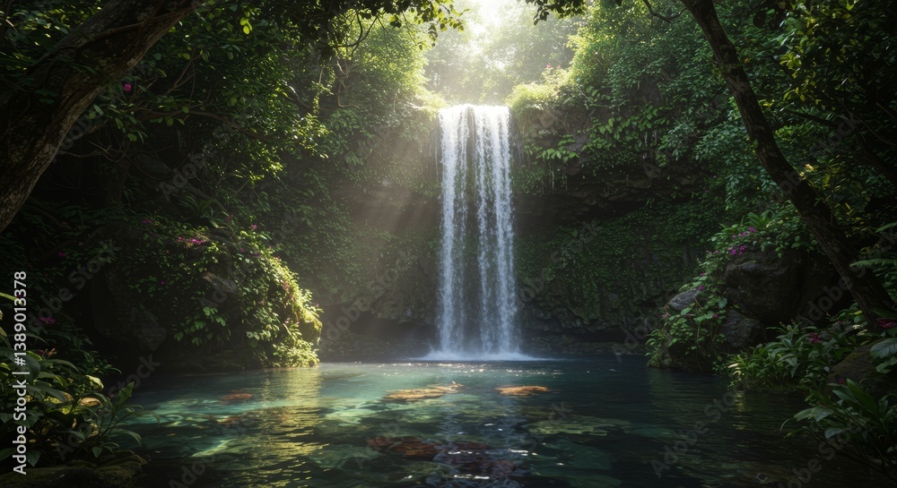 Fototapeta premium A beautiful sunlit waterfall cascading into a calm tranquil pool