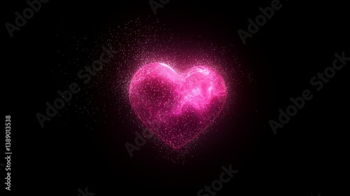 Neon pink glowing heart with holographic shimmer, star dust particles floating, futuristic background design