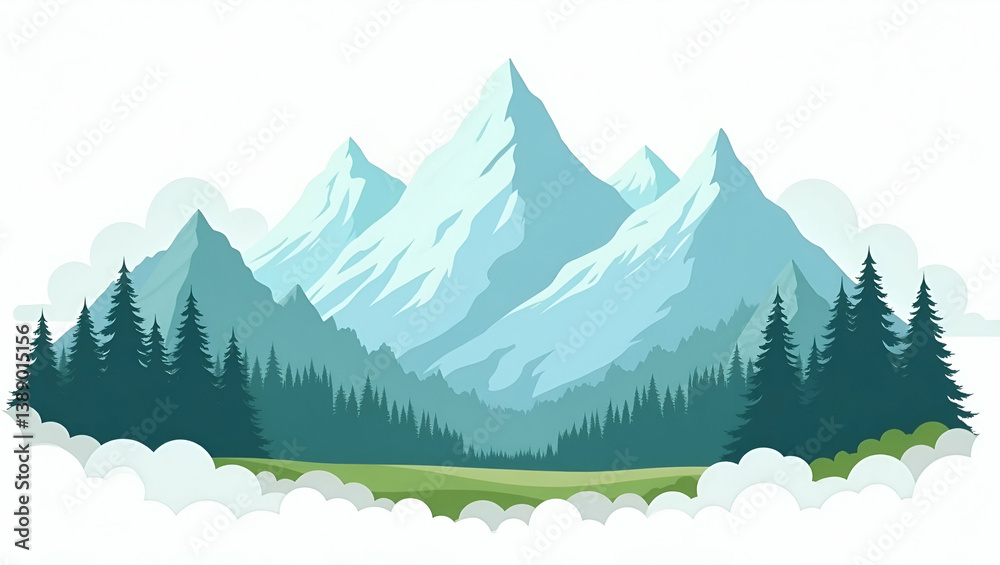 Fototapeta premium Stunning Flat Vector Illustration of Lush Mountain Scenery: Towering Peaks, Verdant Forests, and Crisp Natural Light for Premium Outdoor Stock Imagery