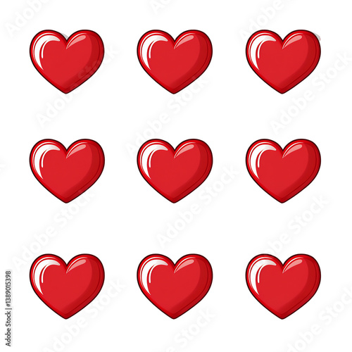 Nine Shiny Red Hearts Pattern White Background. AI Generated