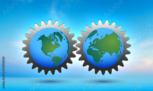 Vector western and eastern hemispheres of planet Earth with large gears. Blurred blue sky. Interaction of west and east.