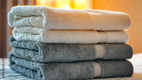 Soft, neatly folded towels in neutral colors arranged on a bed with warm sunlight streaming through the window in a cozy room