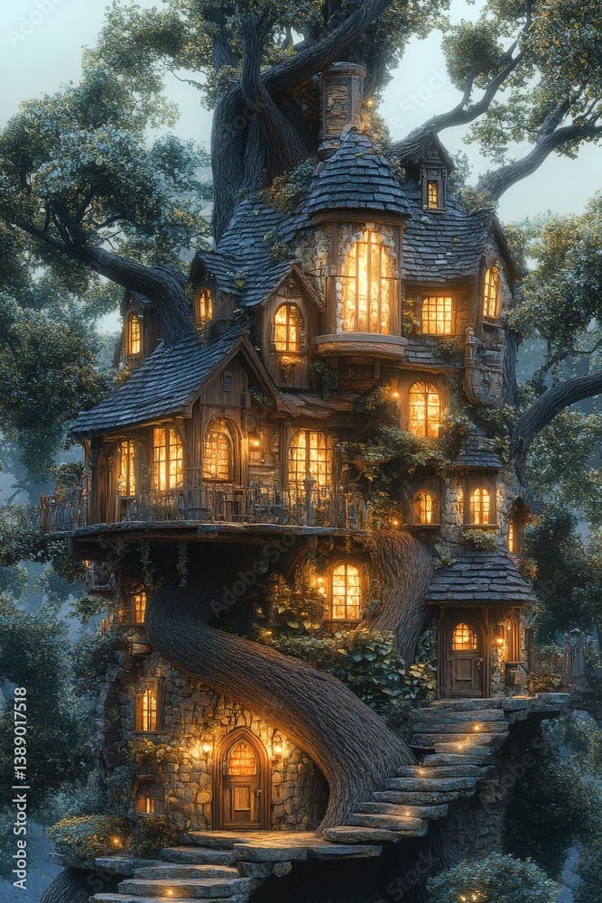 Fototapeta premium Enchanted Treetop House at Dusk.