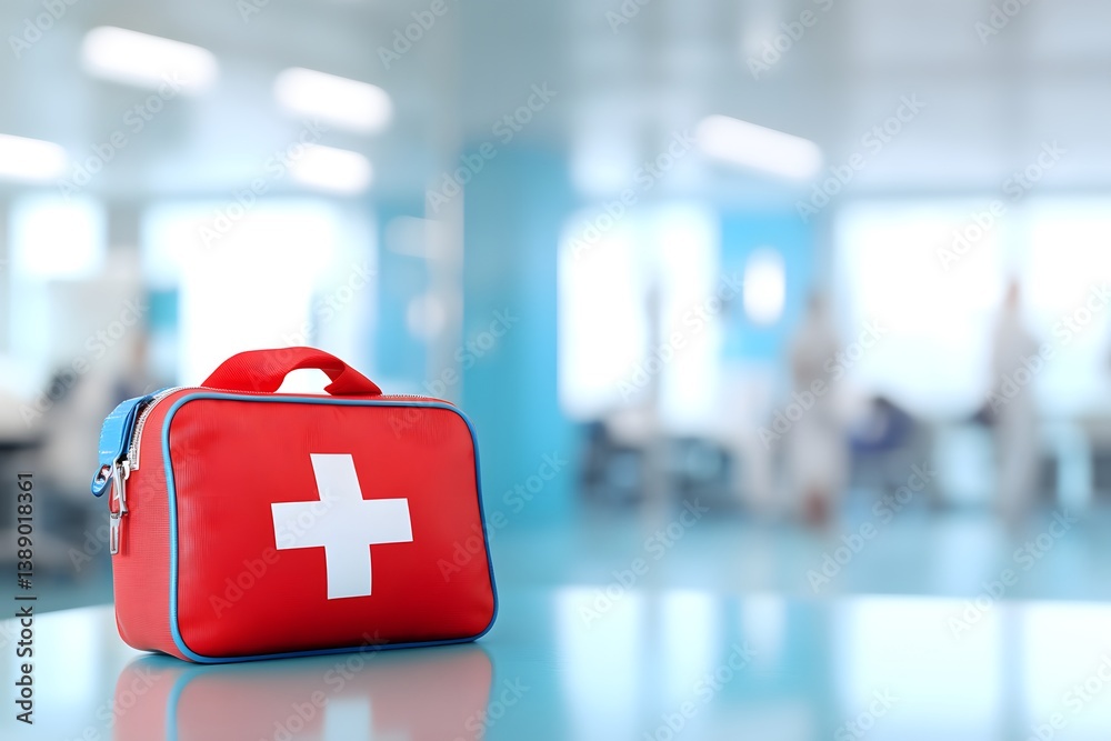 © ngalong project - Red first aid kit with white cross on a blue surface in a room.