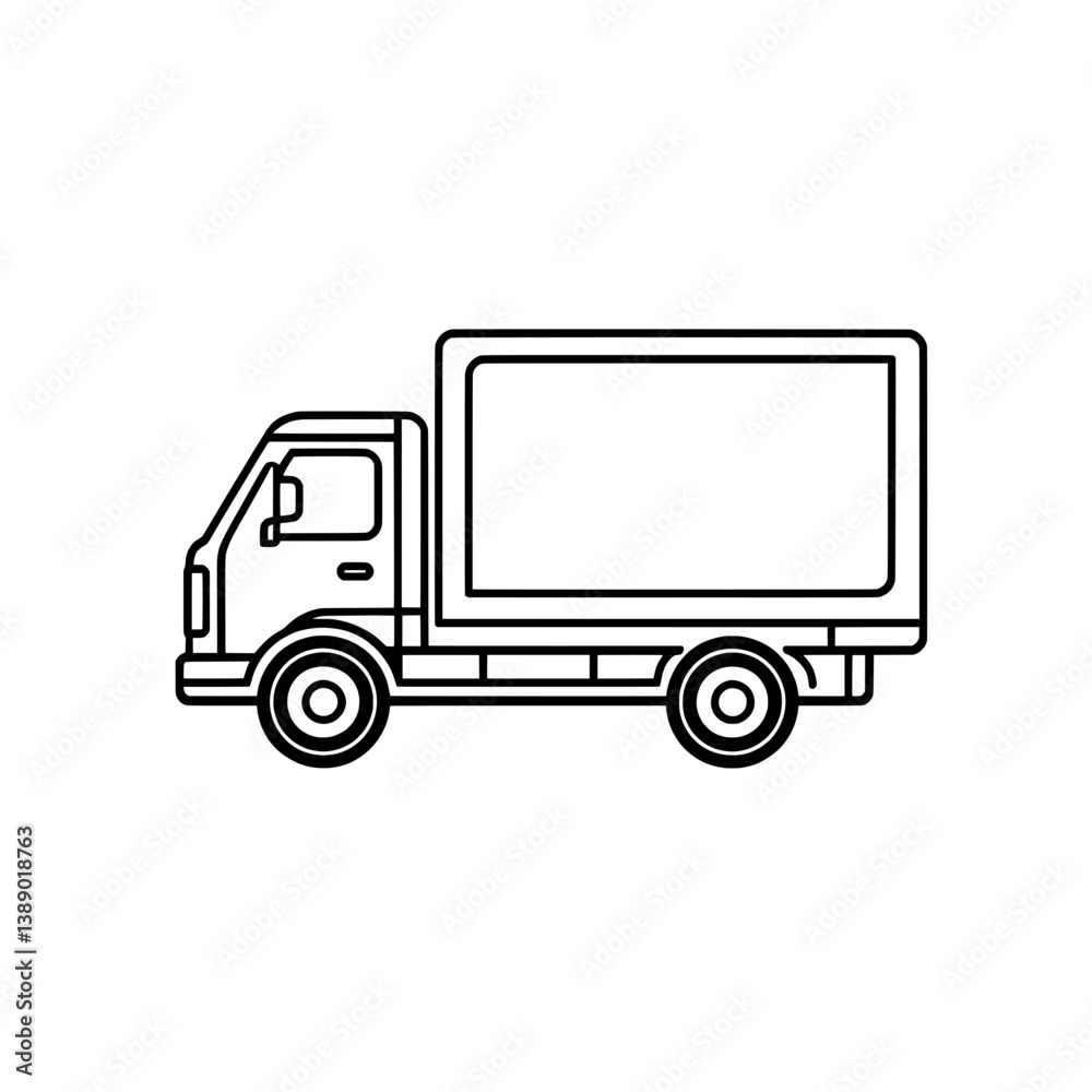 Minimal side-view box truck icon in black and white for logistics, distribution, and cargo transport Minimal side-view box truck icon in black and white for logistics, distribution, and cargo transport