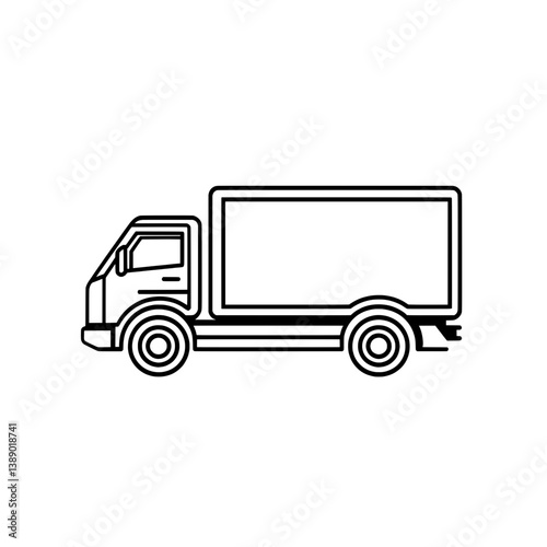 Box delivery truck icon in black and white outline style for transportation, shipping, and logistics themes