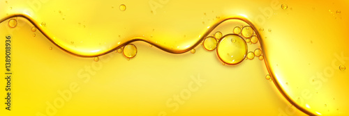 Oil texture forms bubble shapes, glistening yellow background with smooth wavy surface, floating circular golden elements. shiny fluid glossy pattern in bright amber color - petroleum closeup design.