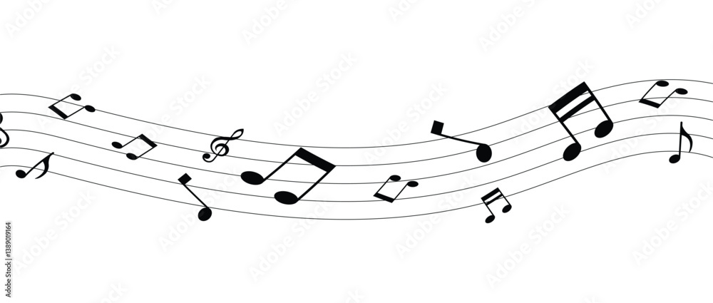 Vector musical melody with floating notes on staff lines. Elegant music score illustration for banners, posters, greeting cards, backgrounds, and creative projects in eps 10. Vector musical melody with floating notes on staff lines. Elegant music score illustration for banners, posters, greeting cards, backgrounds, and creative projects in eps 10.