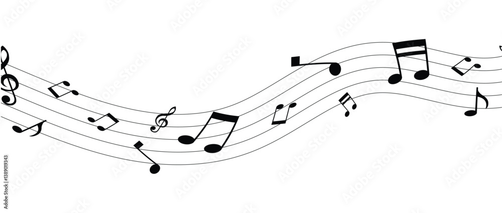 Vector musical melody with floating notes on staff lines. Elegant music score illustration for banners, posters, greeting cards, backgrounds, and creative projects in eps 10. Vector musical melody with floating notes on staff lines. Elegant music score illustration for banners, posters, greeting cards, backgrounds, and creative projects in eps 10.