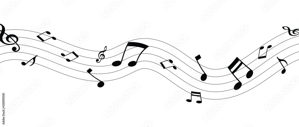 Vector musical melody with floating notes on staff lines. Elegant music score illustration for banners, posters, greeting cards, backgrounds, and creative projects in eps 10. Vector musical melody with floating notes on staff lines. Elegant music score illustration for banners, posters, greeting cards, backgrounds, and creative projects in eps 10.
