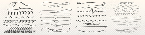 Handdrawn highlight strokes set - various decorative doodle swooshes, swirls and underlines. Calligraphic accent scribbles. Retro wavy lines, squiggly dividers, curly separators for vintage design