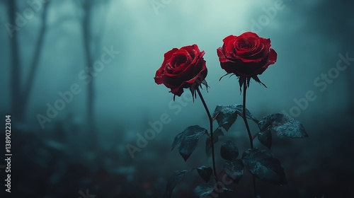 Two Red Roses in a Mystical Setting , Beautiful red lotus flowers bloom in a serene wetland during early morning light 