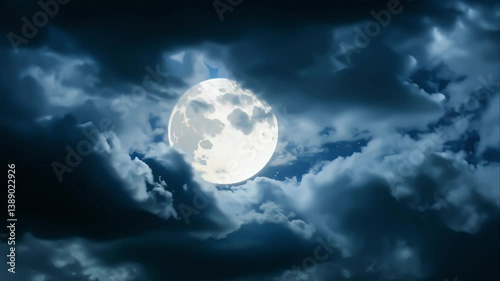 Navigate through thick cloud layers, fly towards a bright full moon, 4k resolution footage