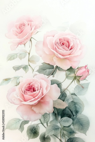 A delicate watercolor painting displaying beautiful pink roses in bloom