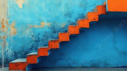 Abstract architectural staircase with vibrant orange steps against weathered blue wall photo