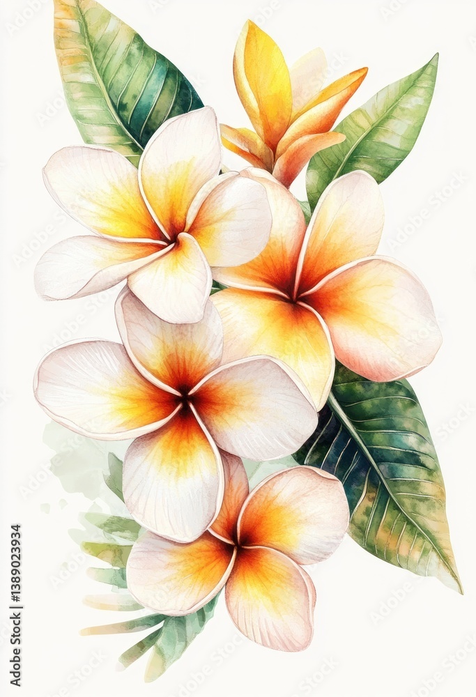 Fototapeta premium A Beautiful Watercolor Painting of Lush Tropical Flowers and Leaves