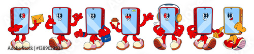 Set of cartoon mobile phone characters with arms, legs and eyes - standing and walking, waving and listening music, holding envelope and coffee cup. Cute mascot gadgets showing emotions and gestures.