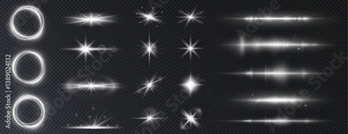 Dynamic glowing light effect featuring sparkle, flare, and flash elements. Ideal for festive, cosmic, or digital themes with lens flares, starlight, and radiant energy bursts